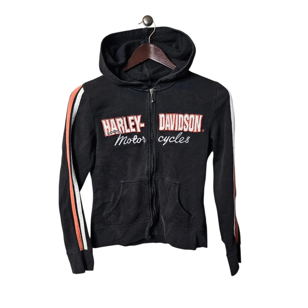 Harley-Davidson "Motorcycles" Full Zip Hoodie Sweatshirt - Black with Orange - Picture 2 of 5